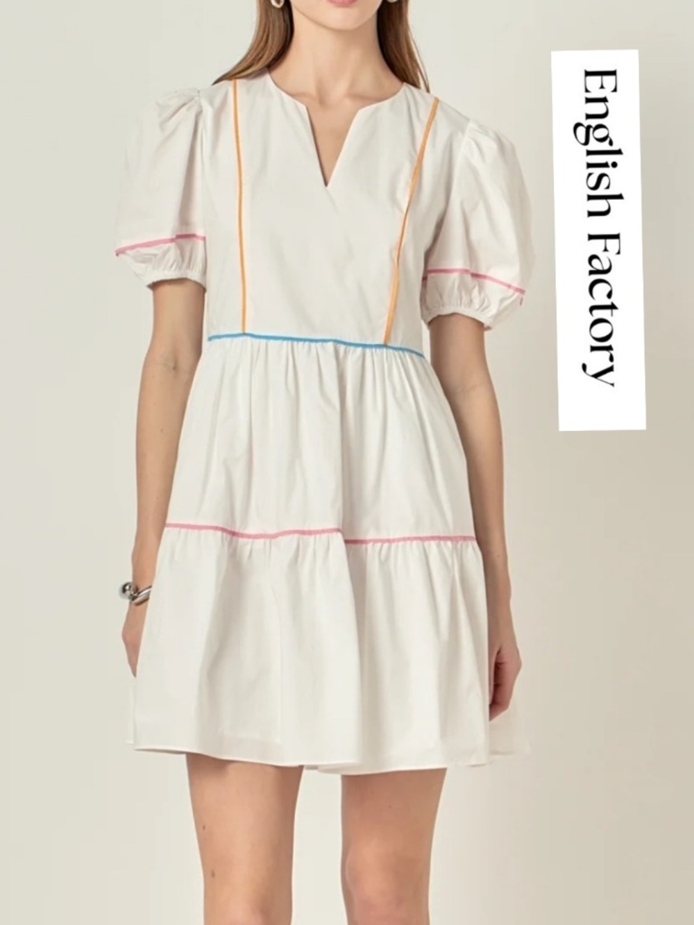 English Factory Puff Sleeve tiered dress, S, GL1387